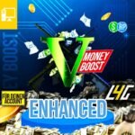 Geld-Motiv mit Boost-V und Waffen, digital gestaltet.